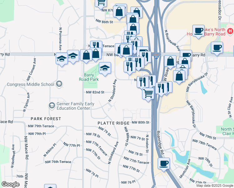 map of restaurants, bars, coffee shops, grocery stores, and more near 8213 North Stoddard Avenue in Kansas City