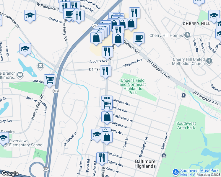 map of restaurants, bars, coffee shops, grocery stores, and more near 2802 Louisiana Avenue in Baltimore Highlands