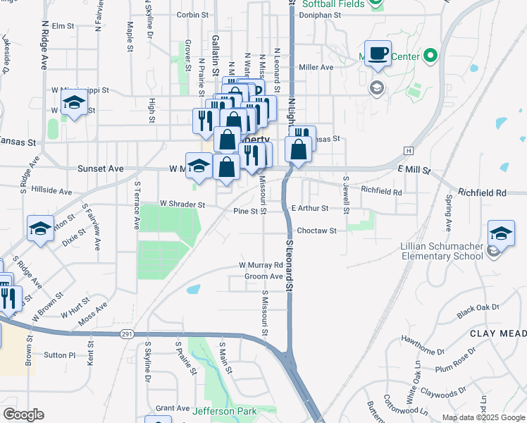 map of restaurants, bars, coffee shops, grocery stores, and more near Missouri Street in Liberty