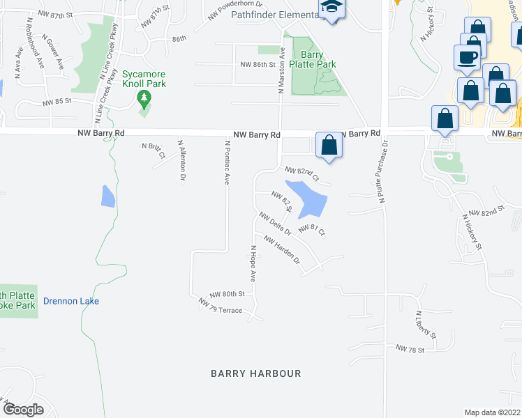map of restaurants, bars, coffee shops, grocery stores, and more near 5633 North Marston Avenue in Kansas City