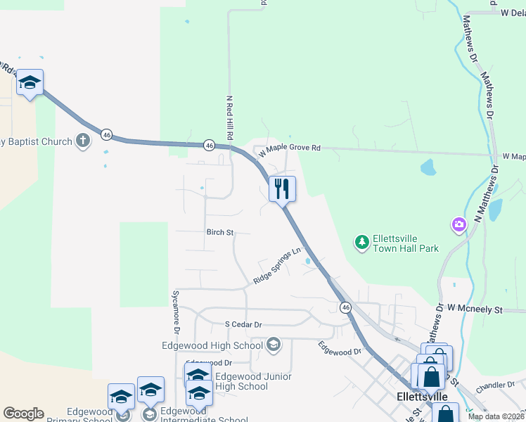 map of restaurants, bars, coffee shops, grocery stores, and more near 6340 Jacob Street in Ellettsville