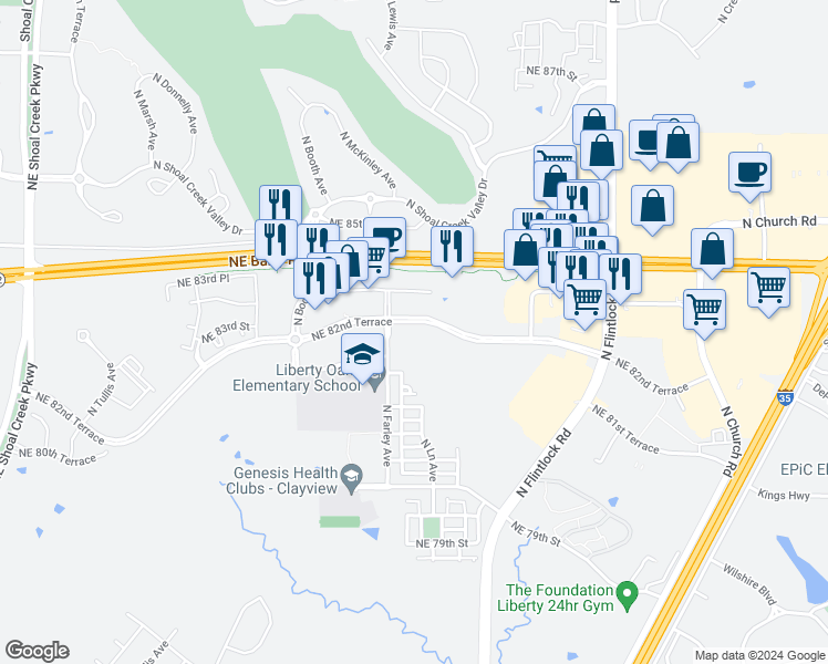 map of restaurants, bars, coffee shops, grocery stores, and more near 8800 Northeast 82nd Street in Kansas City