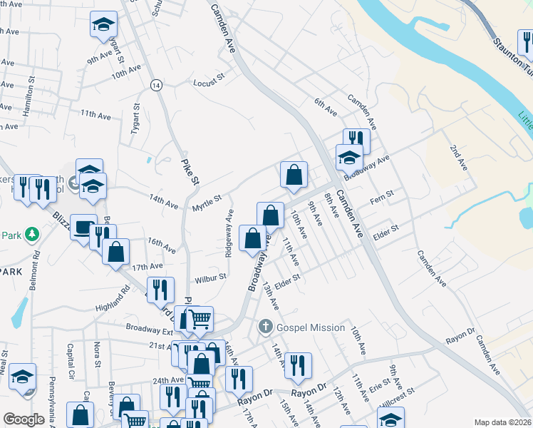 map of restaurants, bars, coffee shops, grocery stores, and more near 1012 Broadway Avenue in Parkersburg
