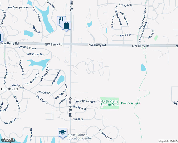 map of restaurants, bars, coffee shops, grocery stores, and more near 4069 Northwest 82nd Street in Kansas City