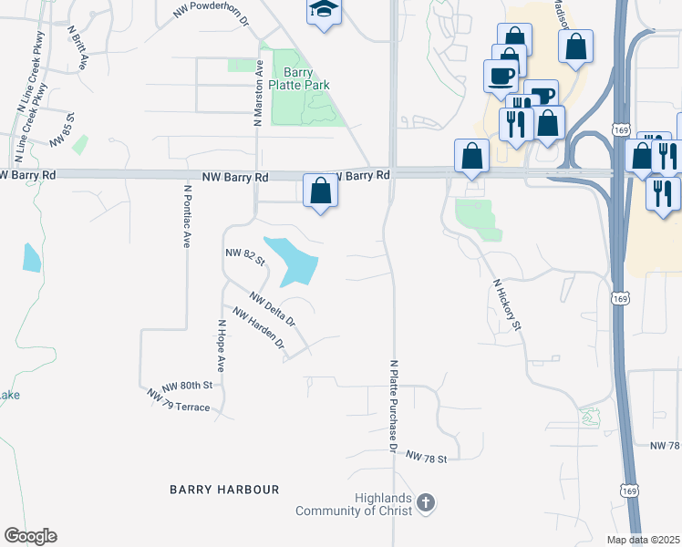 map of restaurants, bars, coffee shops, grocery stores, and more near 1932 Northwest 82nd Street in Kansas City
