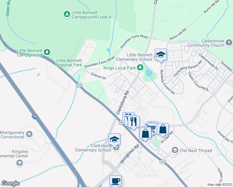 map of restaurants, bars, coffee shops, grocery stores, and more near 7 webster Hill Court in Clarksburg