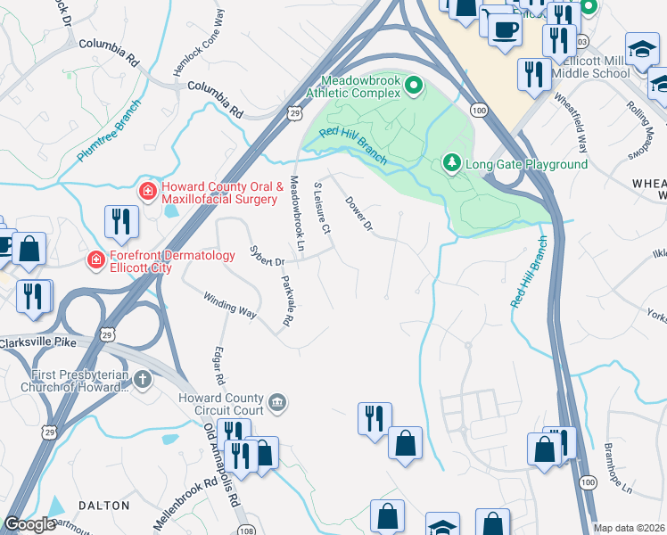 map of restaurants, bars, coffee shops, grocery stores, and more near 4654 South Leisure Court in Ellicott City