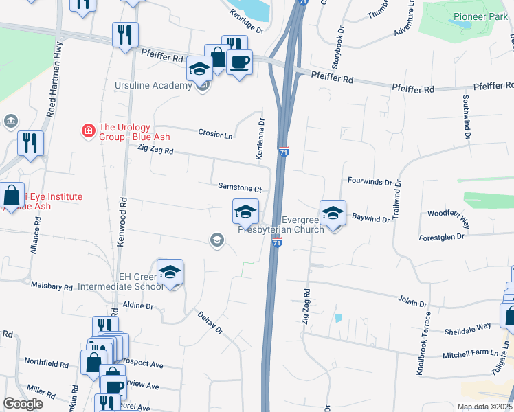map of restaurants, bars, coffee shops, grocery stores, and more near 6086 Ashley Court in Cincinnati