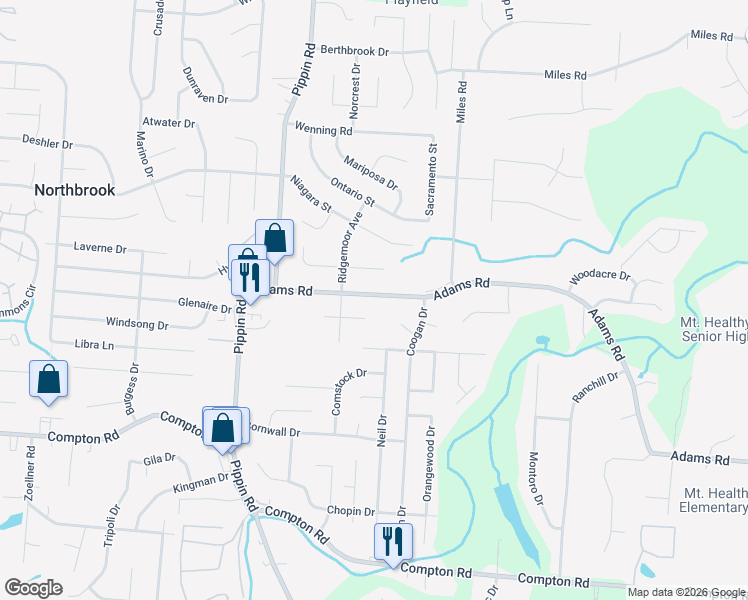 map of restaurants, bars, coffee shops, grocery stores, and more near 2524 Adams Road in Cincinnati