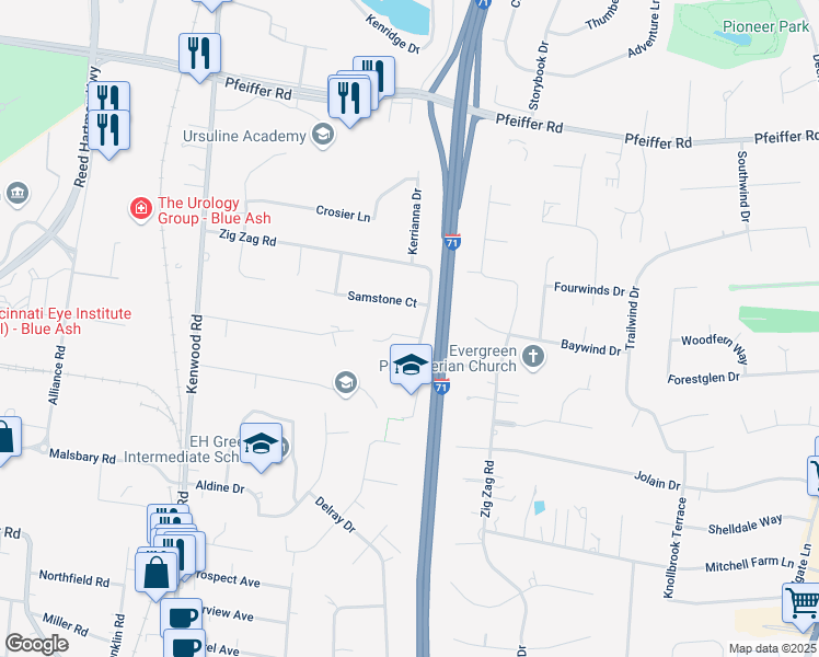 map of restaurants, bars, coffee shops, grocery stores, and more near 6086 Ashley Court in Cincinnati