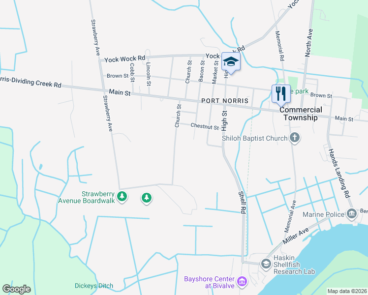 map of restaurants, bars, coffee shops, grocery stores, and more near 2600 Church Street in Commercial Township