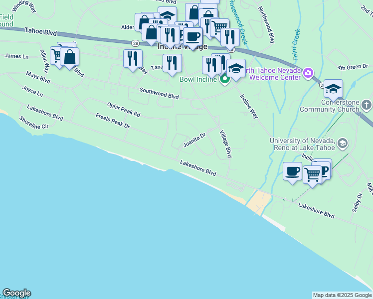 map of restaurants, bars, coffee shops, grocery stores, and more near 120 Juanita Drive in Incline Village