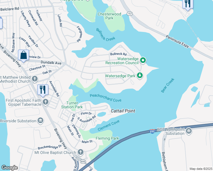 map of restaurants, bars, coffee shops, grocery stores, and more near 8215 Peach Orchard Road in Dundalk