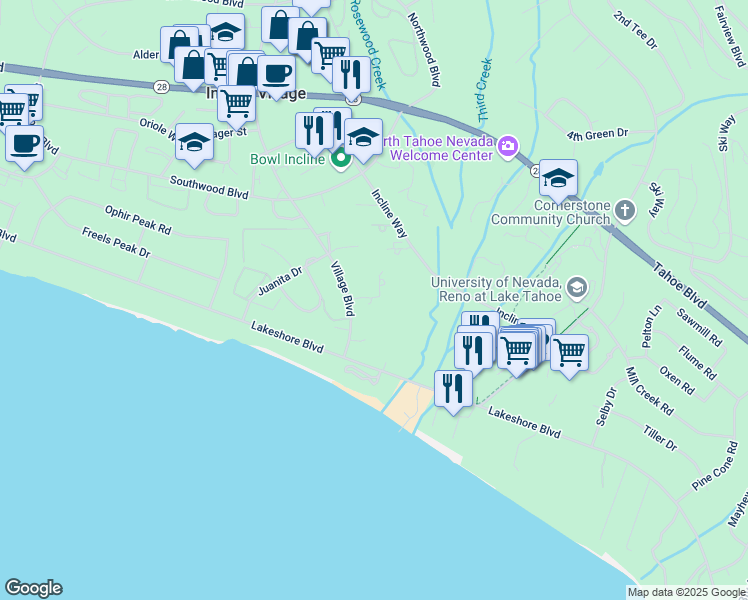 map of restaurants, bars, coffee shops, grocery stores, and more near 120 Village Boulevard in Incline Village