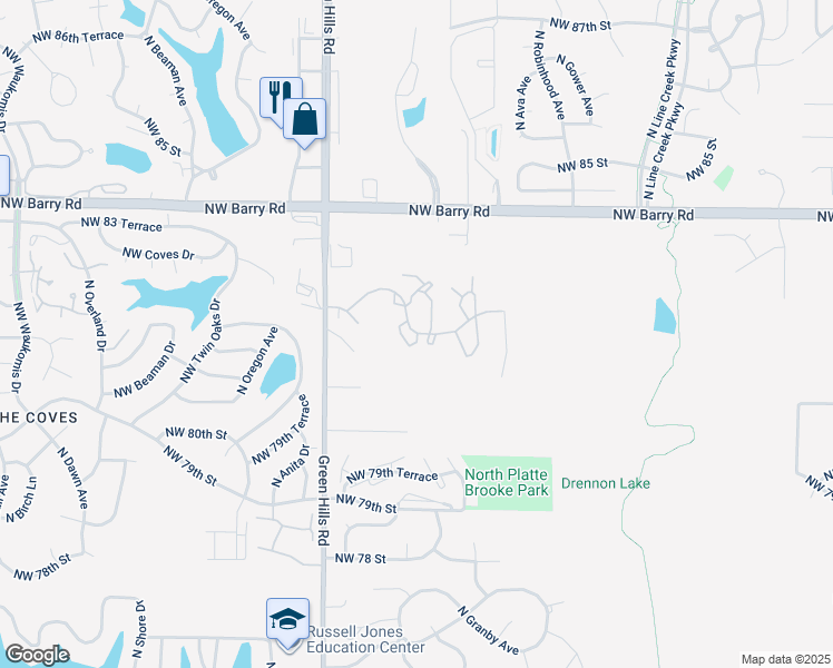 map of restaurants, bars, coffee shops, grocery stores, and more near 4069 Northwest 82nd Street in Kansas City