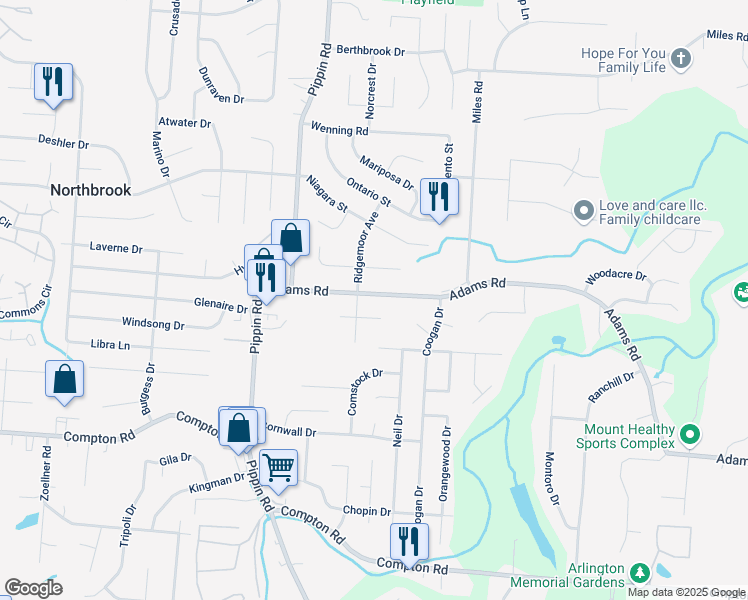 map of restaurants, bars, coffee shops, grocery stores, and more near 2573 Adams Road in Cincinnati