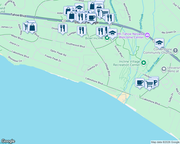 map of restaurants, bars, coffee shops, grocery stores, and more near 120 Juanita Drive in Incline Village
