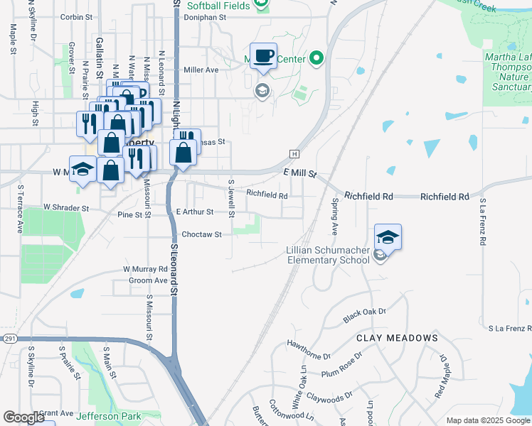 map of restaurants, bars, coffee shops, grocery stores, and more near 542 East Arthur Street in Liberty