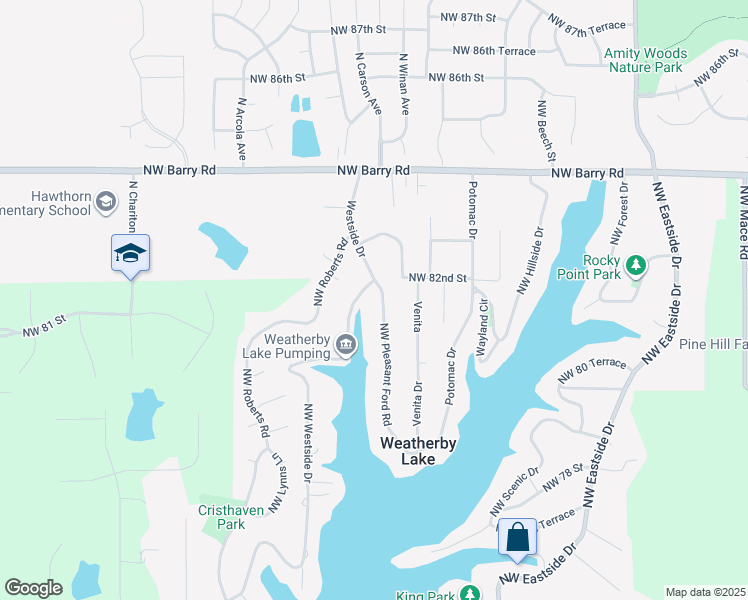 map of restaurants, bars, coffee shops, grocery stores, and more near 8116 Northwest Pleasant Ford Road in Weatherby Lake