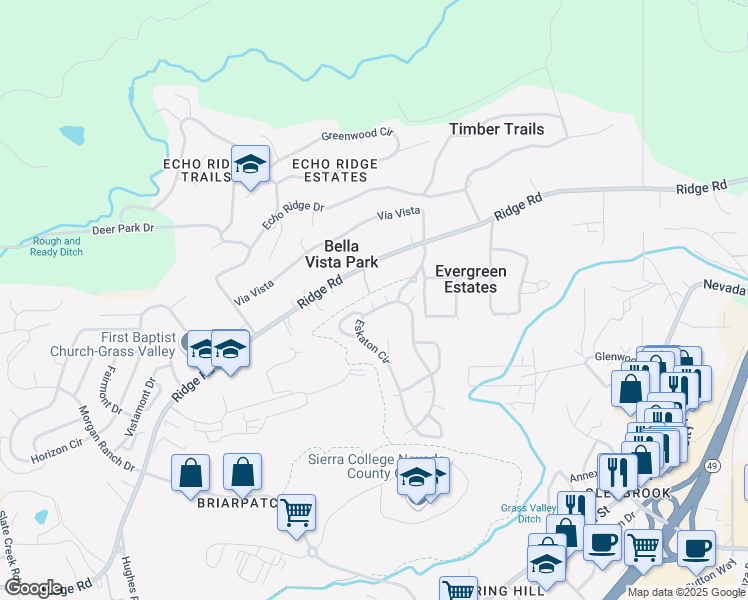 map of restaurants, bars, coffee shops, grocery stores, and more near 114 Bobwhite Lane in Grass Valley