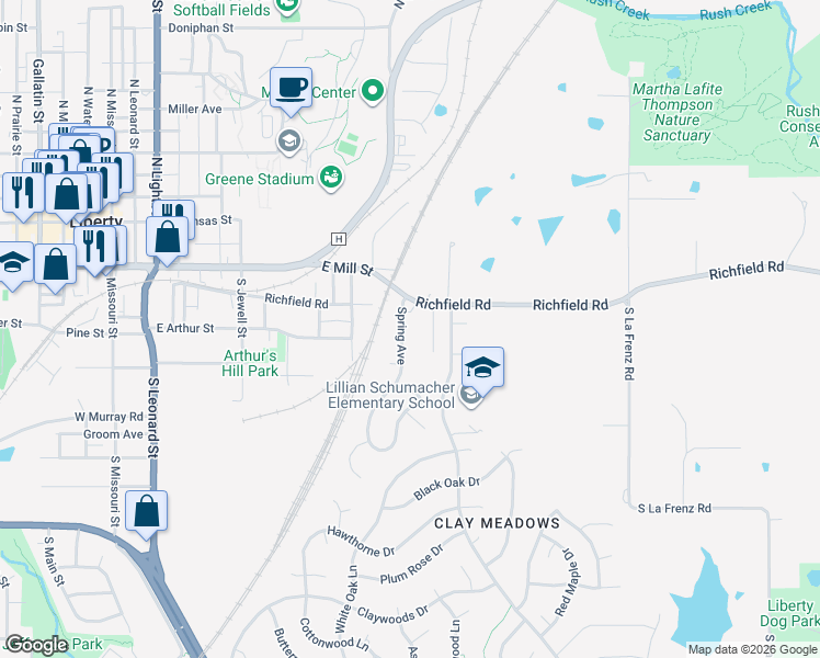 map of restaurants, bars, coffee shops, grocery stores, and more near 211 Spring Avenue in Liberty