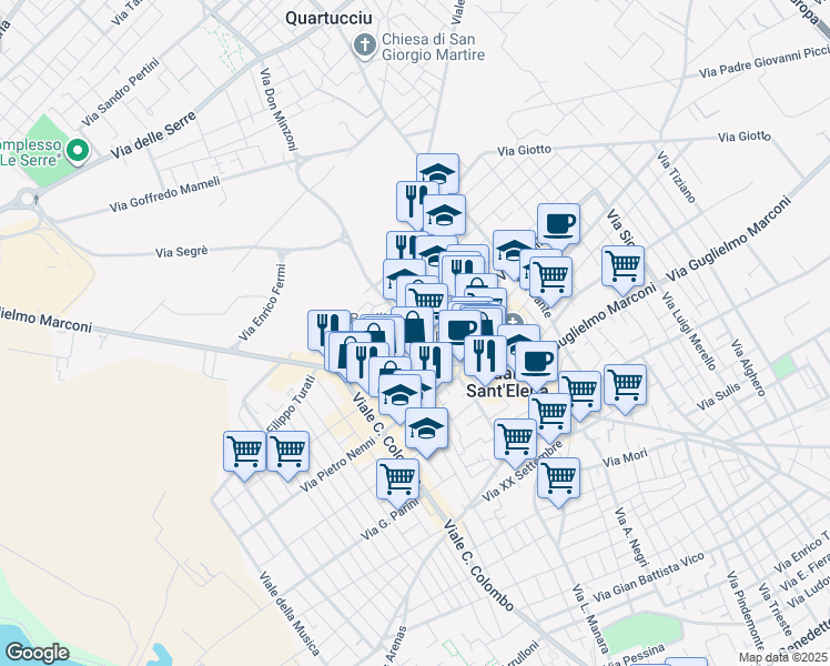 map of restaurants, bars, coffee shops, grocery stores, and more near 66 Via Brigata Sassari in Quartu Sant'Elena