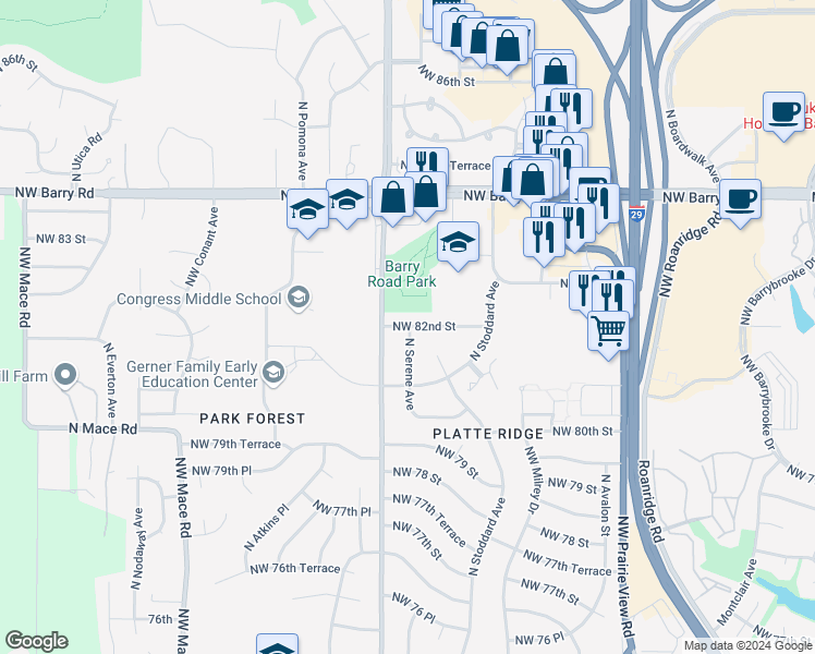 map of restaurants, bars, coffee shops, grocery stores, and more near 7503 Northwest 82 Street in Kansas City
