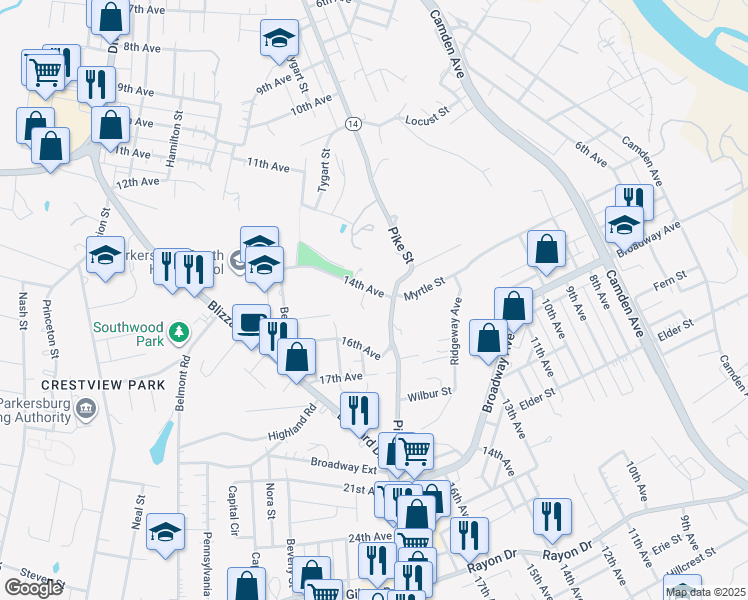 map of restaurants, bars, coffee shops, grocery stores, and more near 2630 14th Avenue in Parkersburg