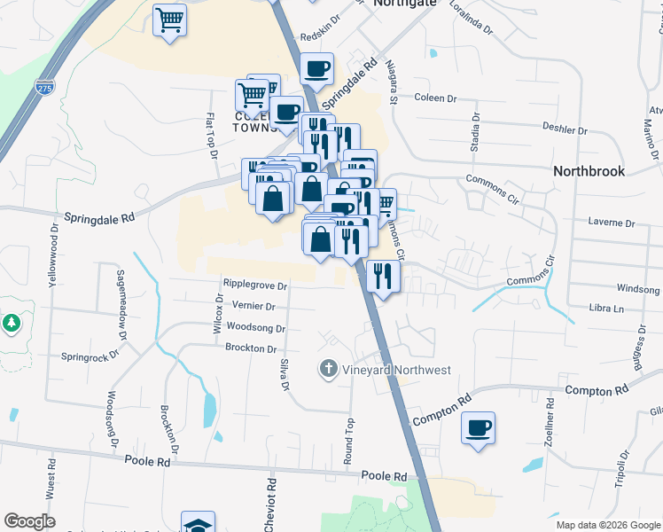map of restaurants, bars, coffee shops, grocery stores, and more near 9449 Colerain Avenue in Cincinnati