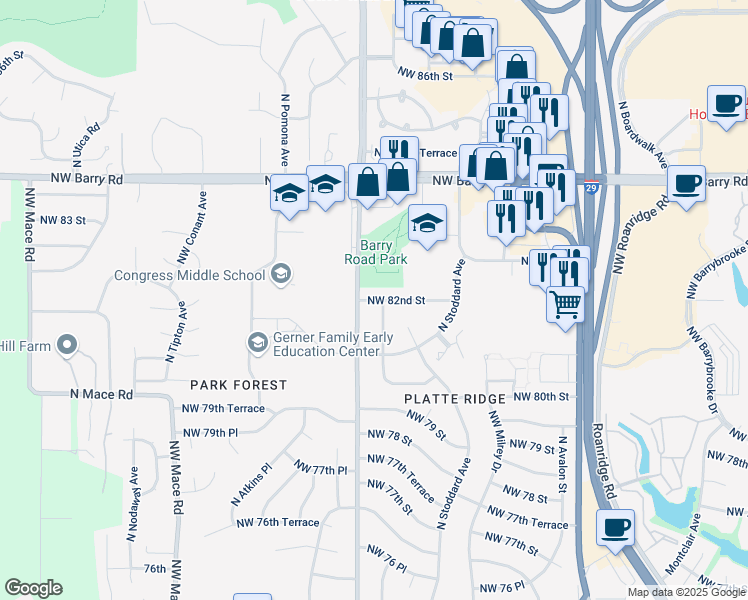 map of restaurants, bars, coffee shops, grocery stores, and more near 7512 Northwest 82 Street in Kansas City