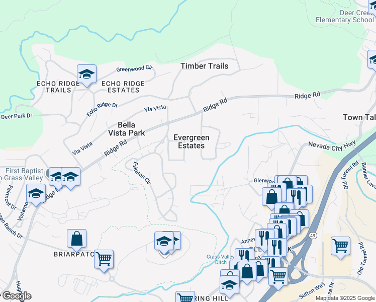 map of restaurants, bars, coffee shops, grocery stores, and more near 13320 Evergreen Drive in Nevada City