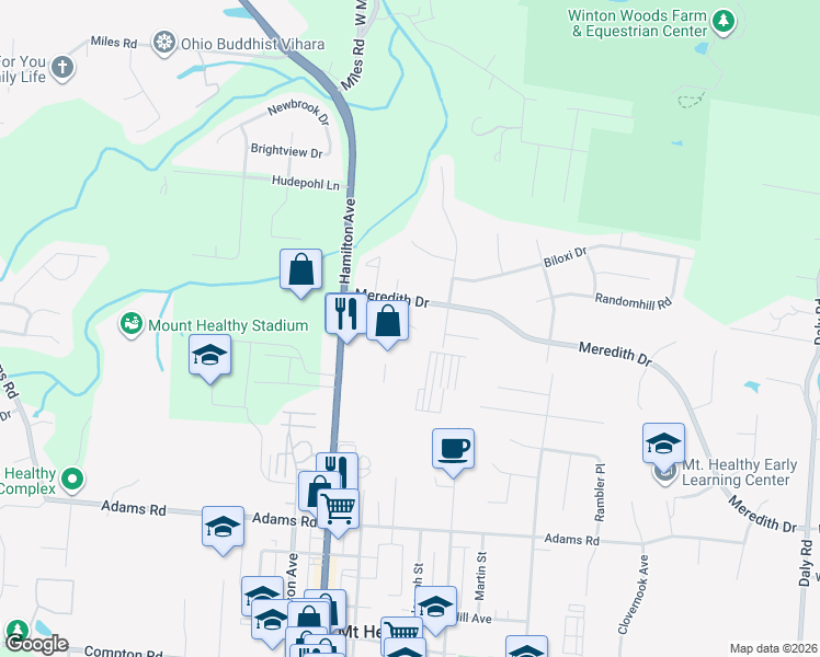 map of restaurants, bars, coffee shops, grocery stores, and more near 1549 Meredith Drive in Cincinnati