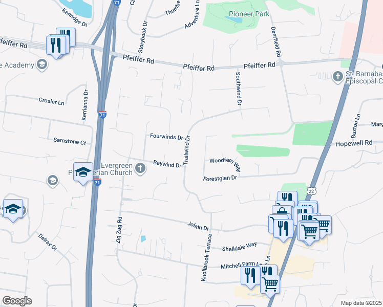 map of restaurants, bars, coffee shops, grocery stores, and more near 7639 Trailwind Drive in Cincinnati
