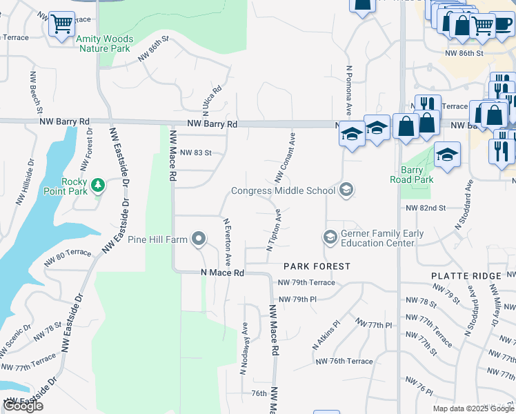 map of restaurants, bars, coffee shops, grocery stores, and more near 8210 Northwest 81 Place in Kansas City