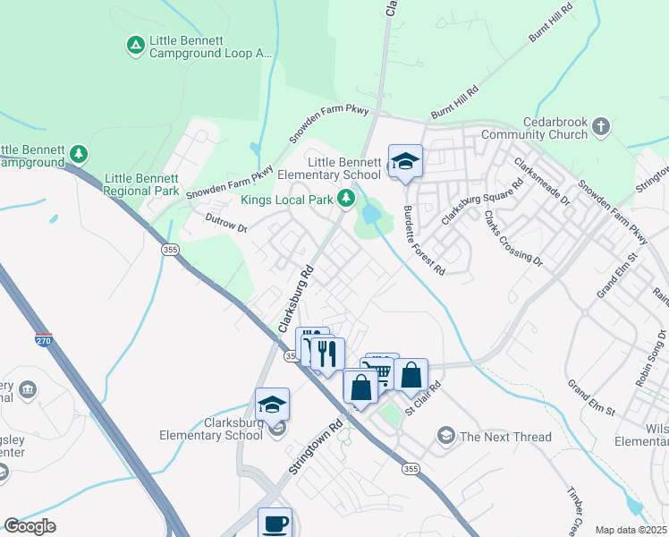 map of restaurants, bars, coffee shops, grocery stores, and more near 13013 Ebenezer Chapel Drive in Clarksburg