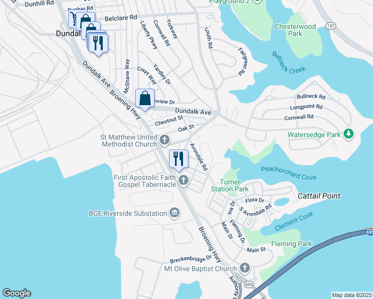 map of restaurants, bars, coffee shops, grocery stores, and more near 211 Sollers Point Road in Dundalk