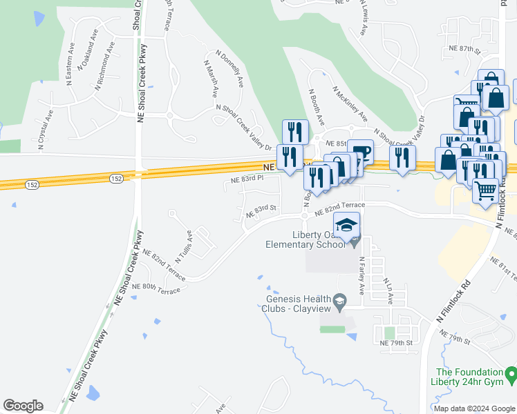 map of restaurants, bars, coffee shops, grocery stores, and more near 8342 Northeast 83rd Street in Kansas City
