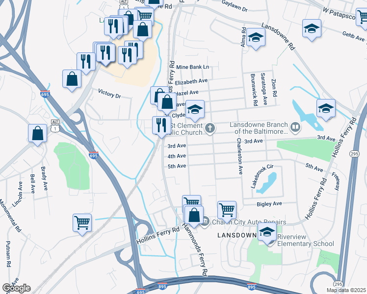 map of restaurants, bars, coffee shops, grocery stores, and more near 32 3rd Avenue in Halethorpe