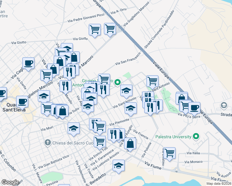 map of restaurants, bars, coffee shops, grocery stores, and more near 24 Via Olanda in Quartu Sant'Elena