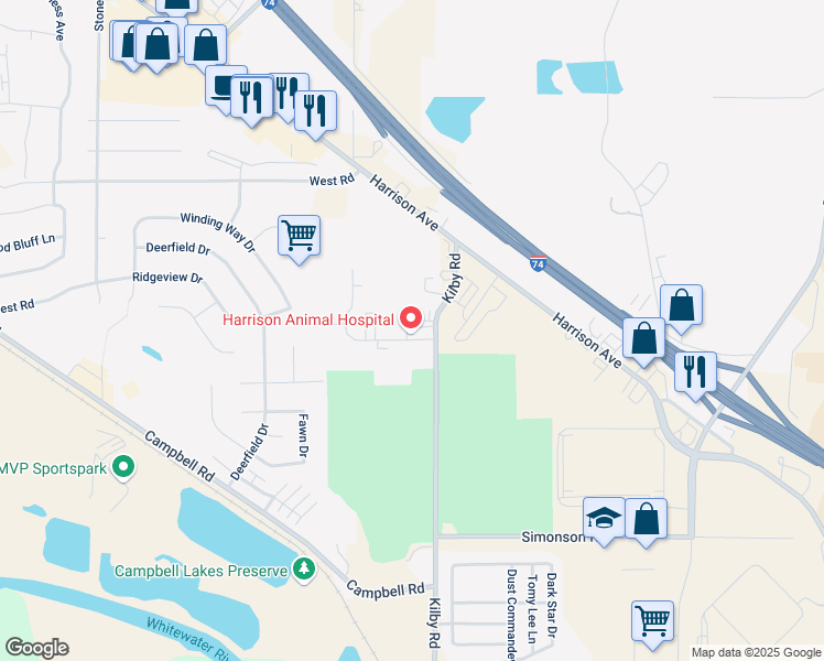 map of restaurants, bars, coffee shops, grocery stores, and more near 102 May Drive in Harrison