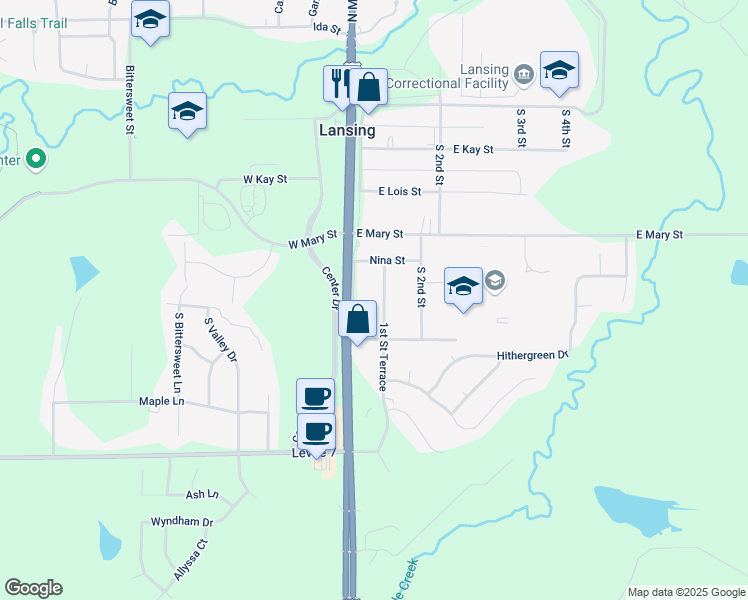 map of restaurants, bars, coffee shops, grocery stores, and more near 508 1st Terrace in Lansing