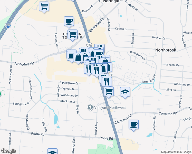 map of restaurants, bars, coffee shops, grocery stores, and more near 9449 Colerain Avenue in Cincinnati