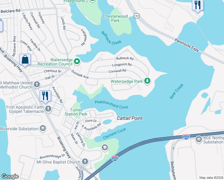 map of restaurants, bars, coffee shops, grocery stores, and more near 8213 Peach Orchard Road in Dundalk