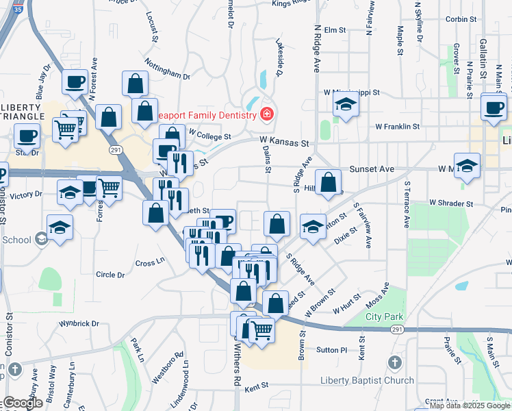 map of restaurants, bars, coffee shops, grocery stores, and more near 905 Elizabeth Street in Liberty