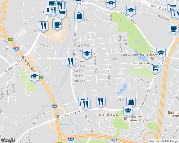 map of restaurants, bars, coffee shops, grocery stores, and more near 123 3rd Avenue in Halethorpe