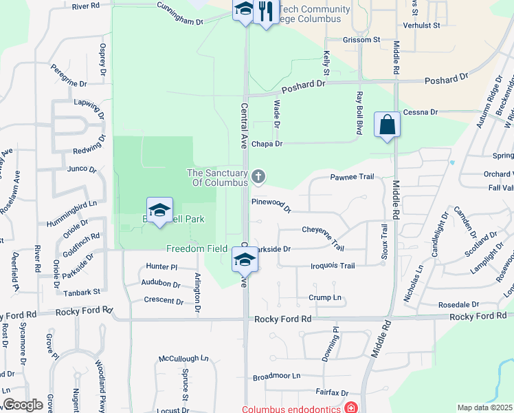 map of restaurants, bars, coffee shops, grocery stores, and more near 1923 Pinewood Drive in Columbus