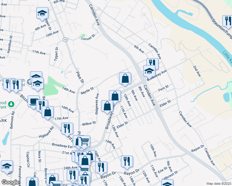 map of restaurants, bars, coffee shops, grocery stores, and more near 1012 Broadway Avenue in Parkersburg