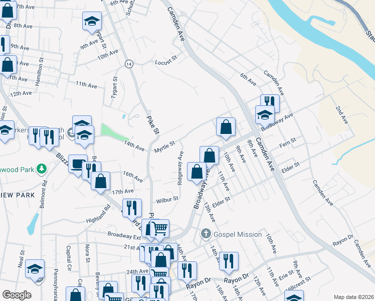 map of restaurants, bars, coffee shops, grocery stores, and more near 3804 Cliffside Avenue in Parkersburg