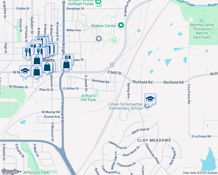 map of restaurants, bars, coffee shops, grocery stores, and more near 217 Winner Street in Liberty