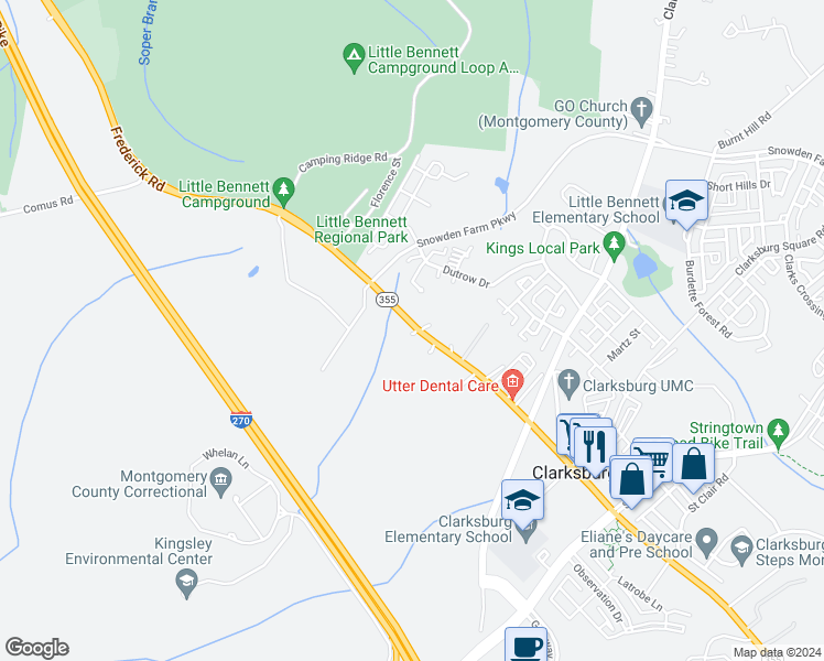 map of restaurants, bars, coffee shops, grocery stores, and more near 23540 Frederick Road in Clarksburg